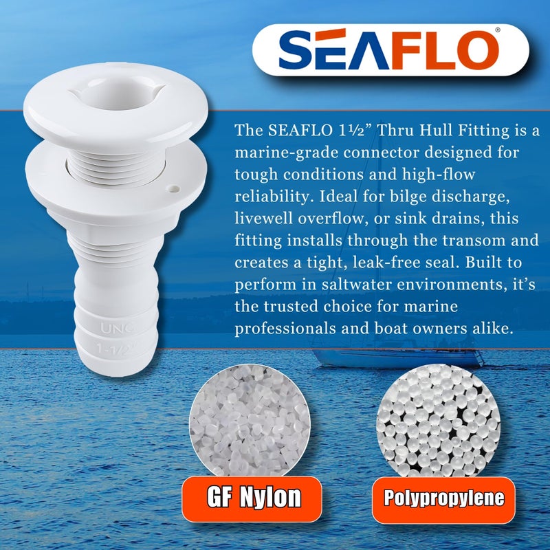 SEAFLO تركيب ثقب السفينة SEAFLO 1Â½â€ للقوارب البحرية، بولي بروبيلين، موصل تصريف بلاستيكي، مقاوم للتآكل وآمن للمياه المالحة، تركيب على مؤخرة السفينة، مخرج سطح قاع السفينة، ضمان 4 سنوات (أبيض، عبوة واحدة) - Image 3